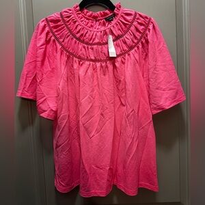 Ann Taylor Size M Pink Ruffle Neck Smocked Short Sleeve Blouse NWT